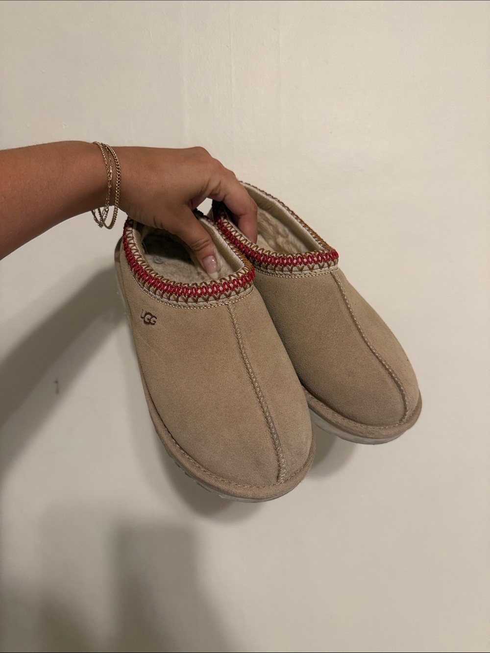UGG Women's Tan Suede Slip-On Slippers with Red Accent